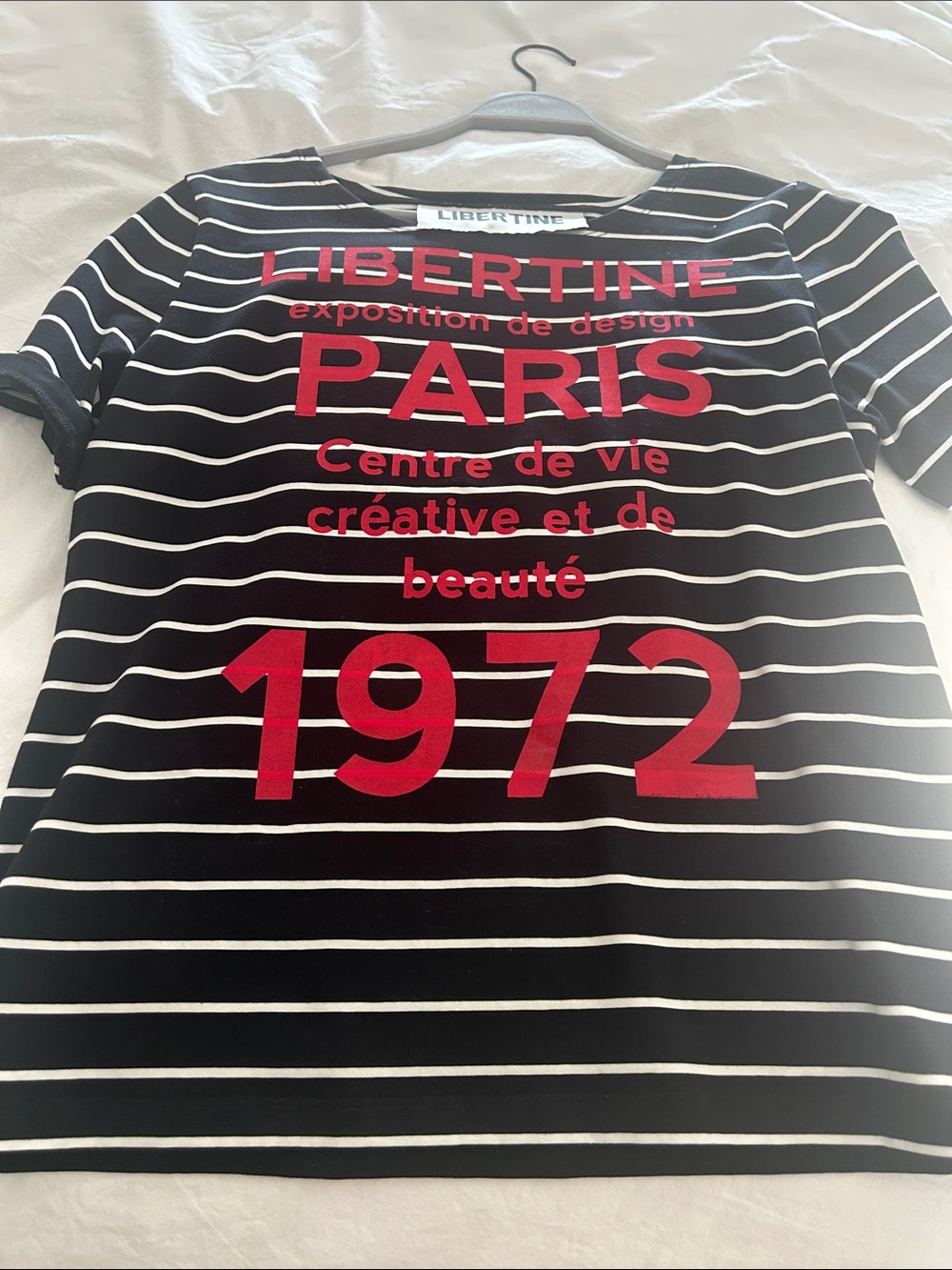 LIBERTINE Paris Striped Short Sleeve Tee in Black & White with Red Print